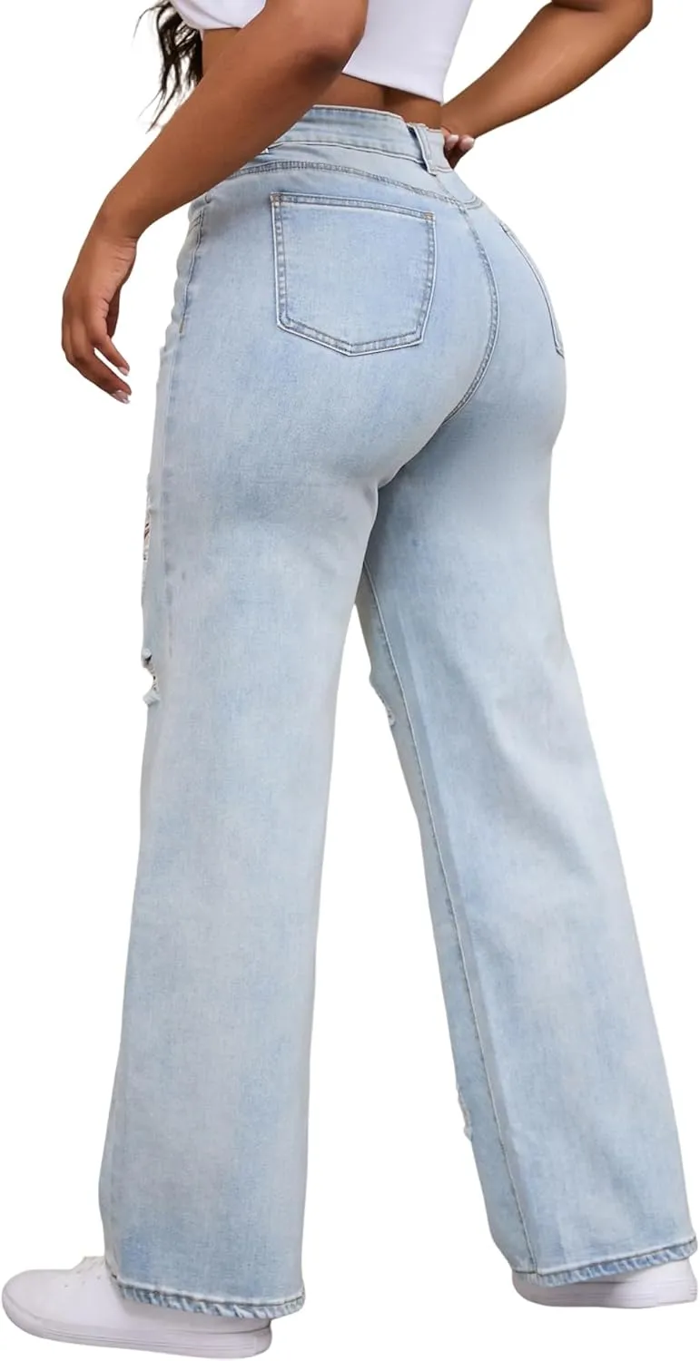 THUNDER STAR Womens High Waisted Wide Leg Jeans Stretchy Distressed Denim Pants