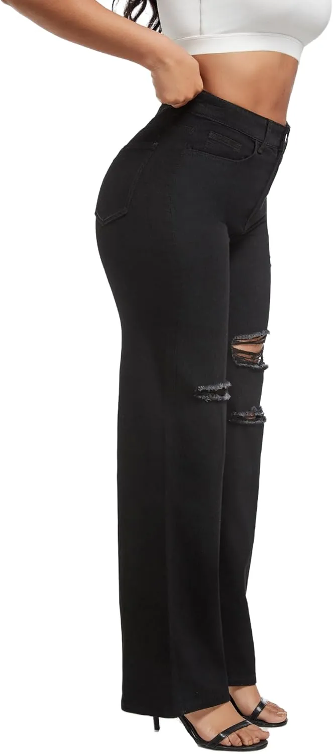 THUNDER STAR Womens High Waisted Wide Leg Jeans Stretchy Distressed Denim Pants