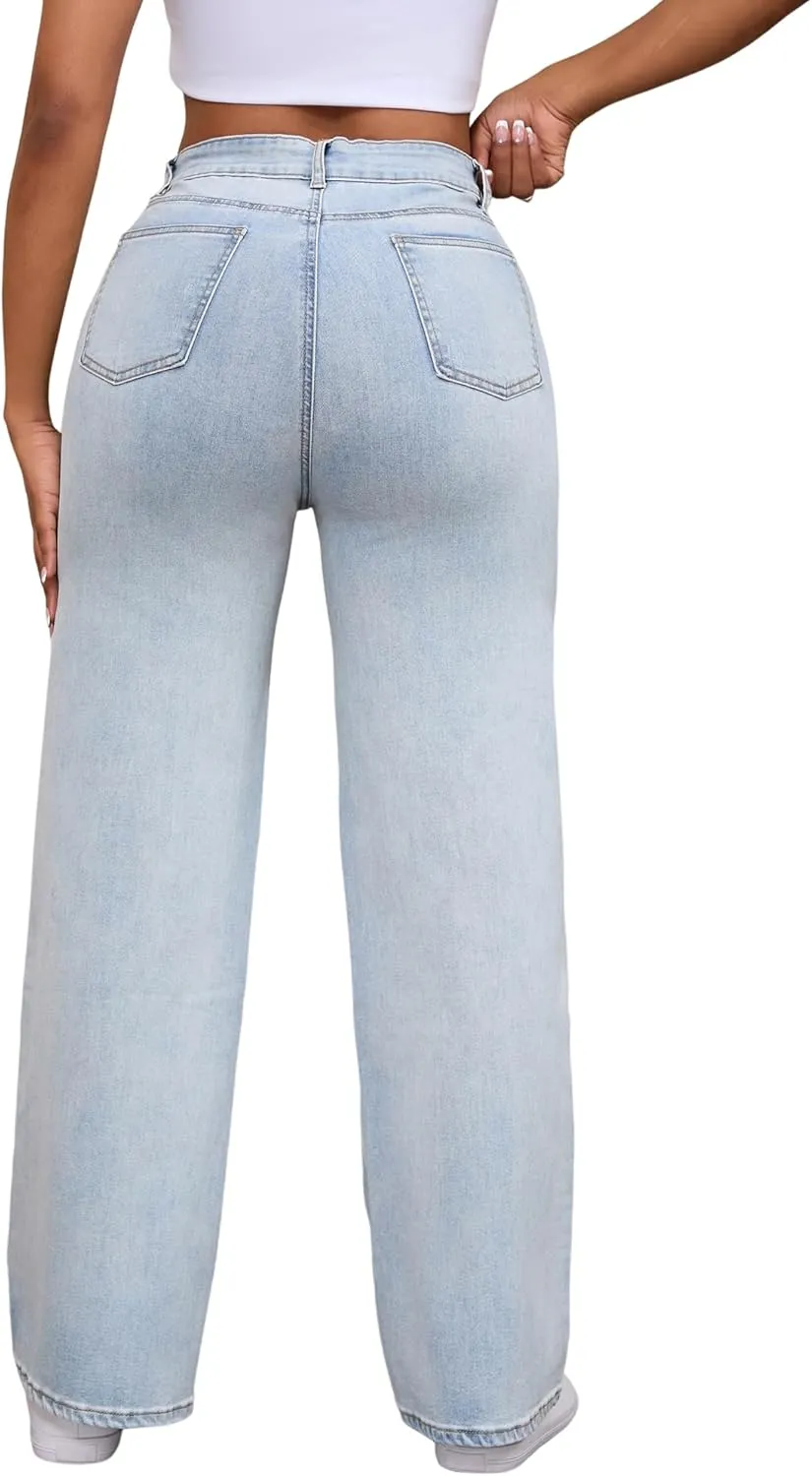 THUNDER STAR Womens High Waisted Wide Leg Jeans Stretchy Distressed Denim Pants