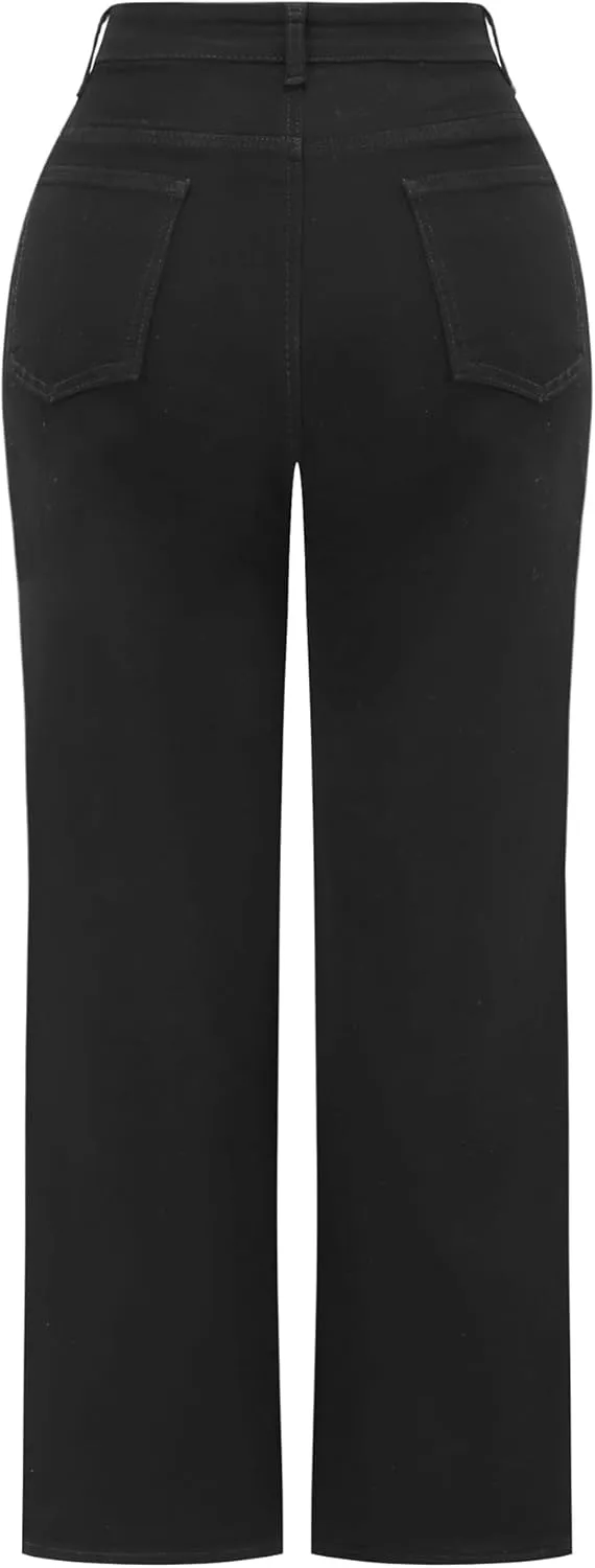 THUNDER STAR Womens High Waisted Wide Leg Jeans Stretchy Distressed Denim Pants