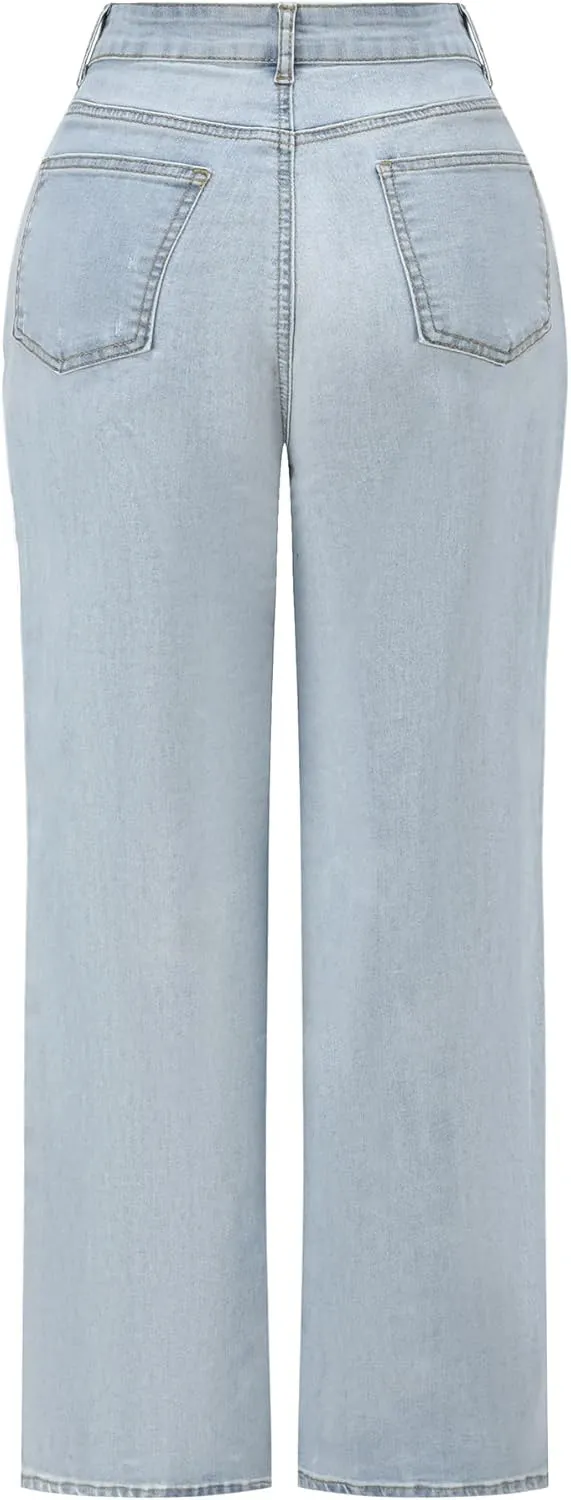 THUNDER STAR Womens High Waisted Wide Leg Jeans Stretchy Distressed Denim Pants
