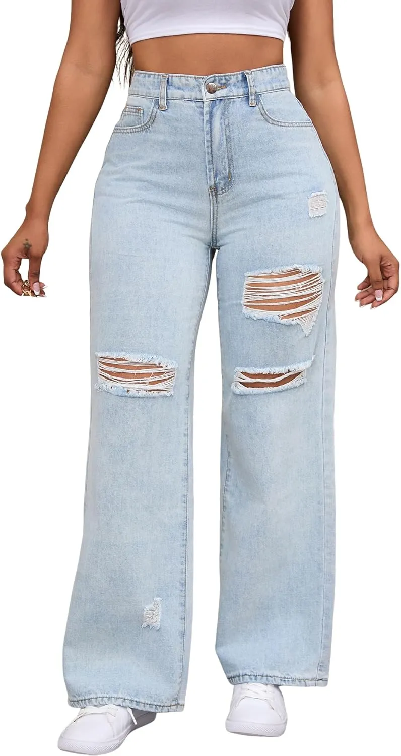 THUNDER STAR Womens High Waisted Wide Leg Jeans Stretchy Distressed Denim Pants