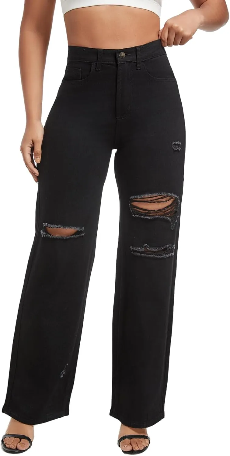 THUNDER STAR Womens High Waisted Wide Leg Jeans Stretchy Distressed Denim Pants