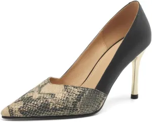 TinaCus Women's Genuine Leather Handmade Pointed Toe Patchwork Printed Snakeskin Pumps Shoes