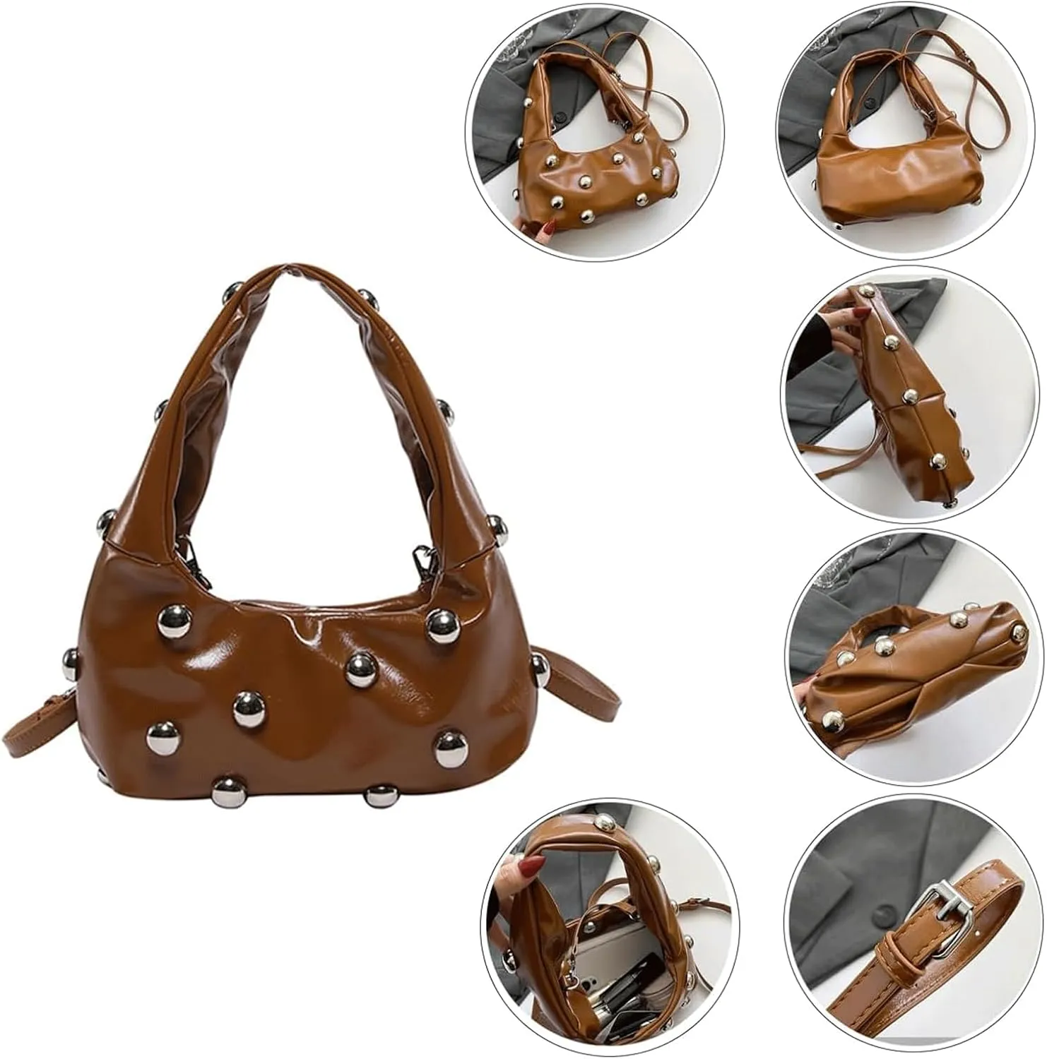 TISTIK Women's Retro Studded Handbag Y2K Small Leather Shoulder Bag Punk Crossbody Clutch Purses