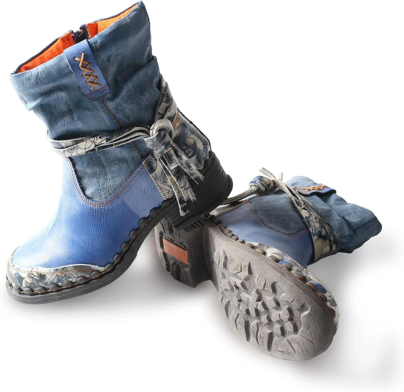 TMA EYES Distressed Tie-Accent Faux Fur Lining Side Zip Women's Snow Boots