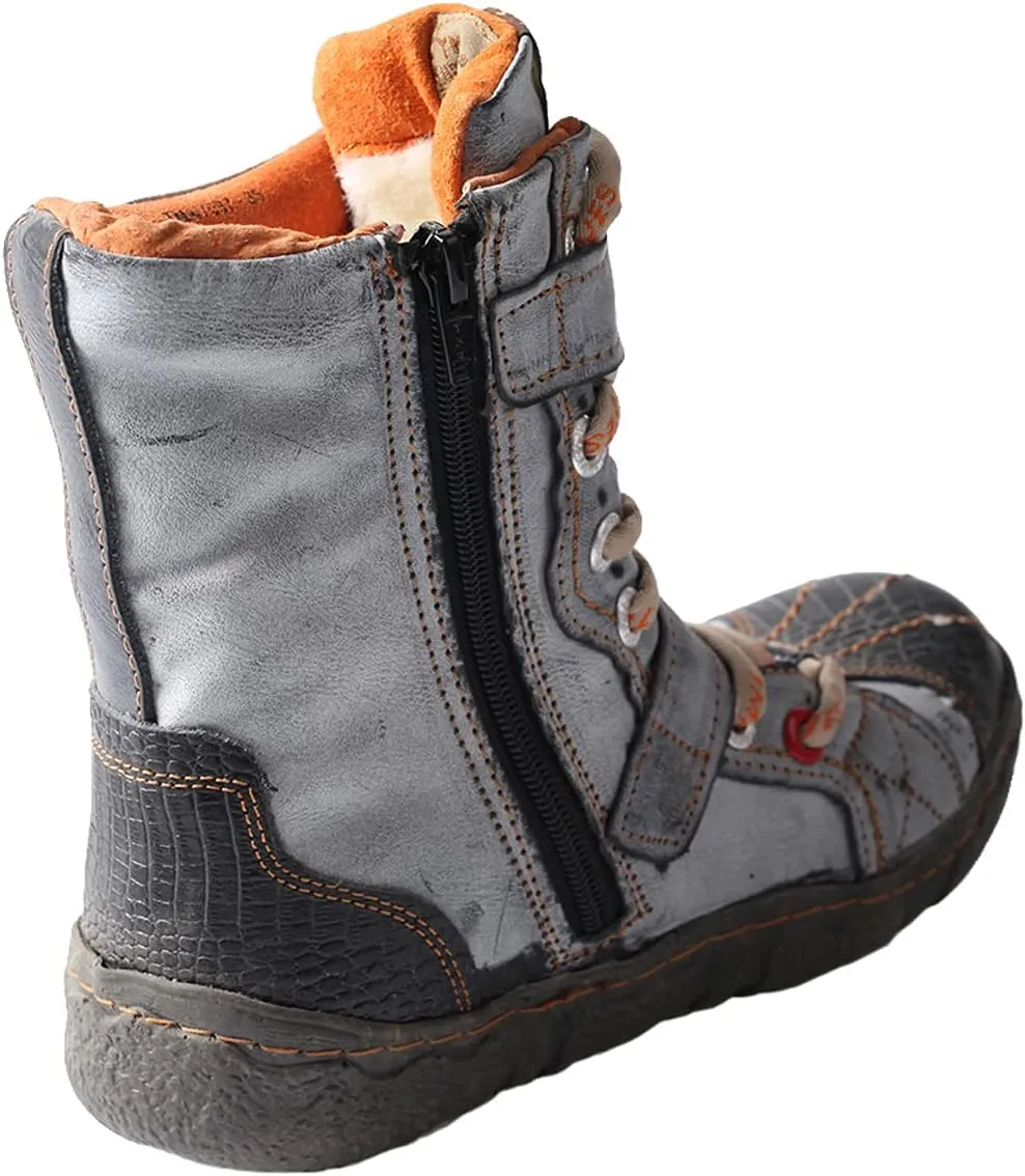 TMA EYES Double-Strape Washed PU Leather Women's Boot With Faux Fur Lining