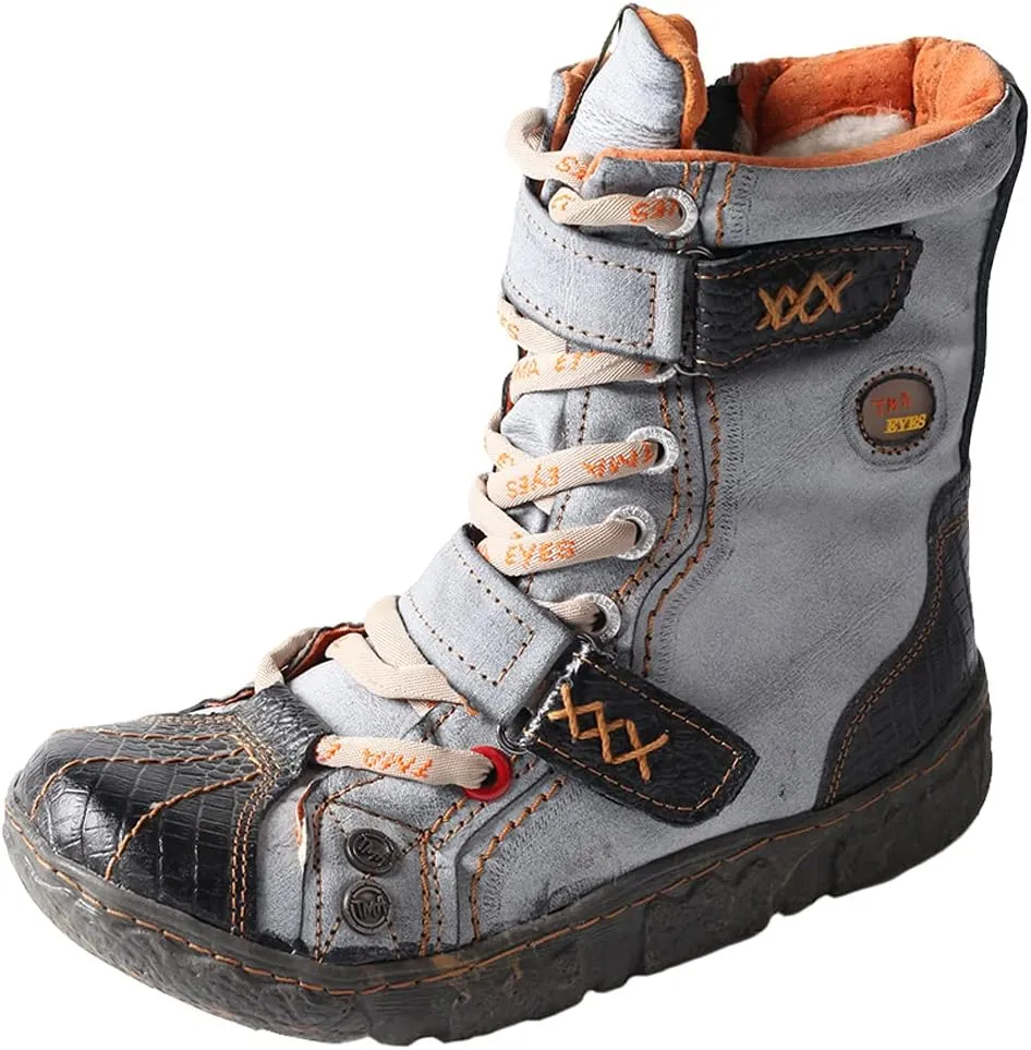 TMA EYES Double-Strape Washed PU Leather Women's Boot With Faux Fur Lining