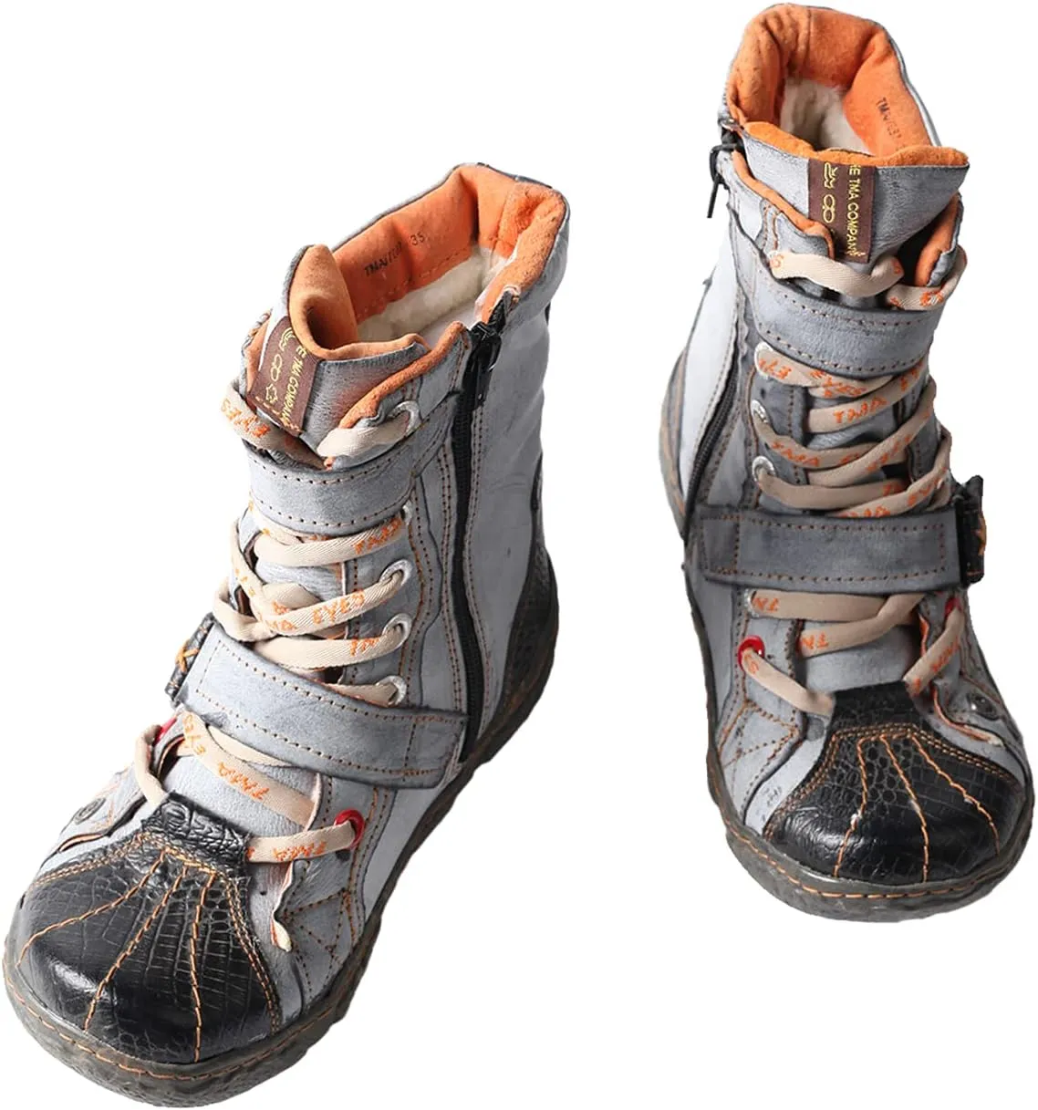 TMA EYES Double-Strape Washed PU Leather Women's Boot With Faux Fur Lining