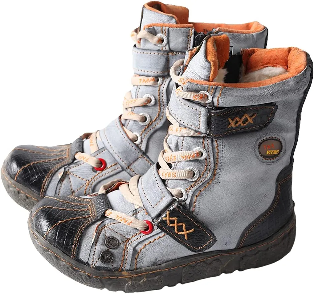 TMA EYES Double-Strape Washed PU Leather Women's Boot With Faux Fur Lining