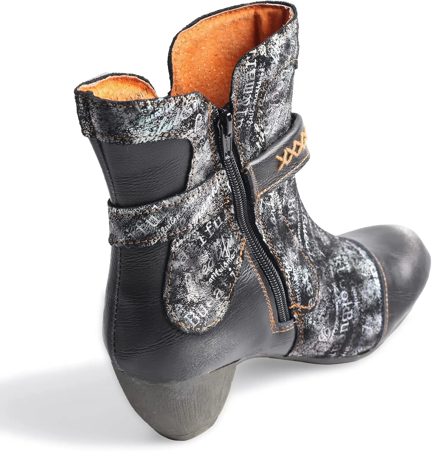 TMA EYES Printed Leather Patchwork Hand Stitched Buckle Zipper Women's Boots