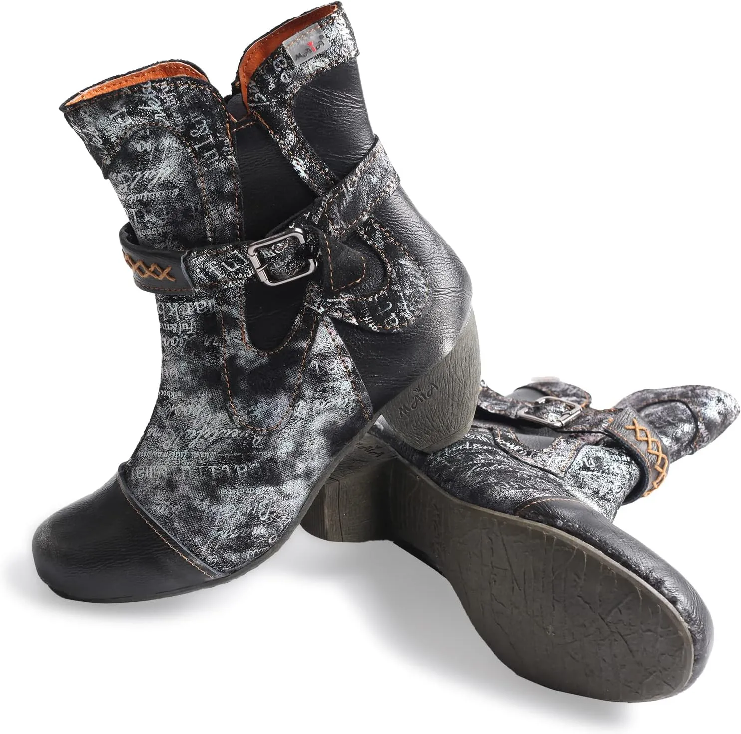 TMA EYES Printed Leather Patchwork Hand Stitched Buckle Zipper Women's Boots