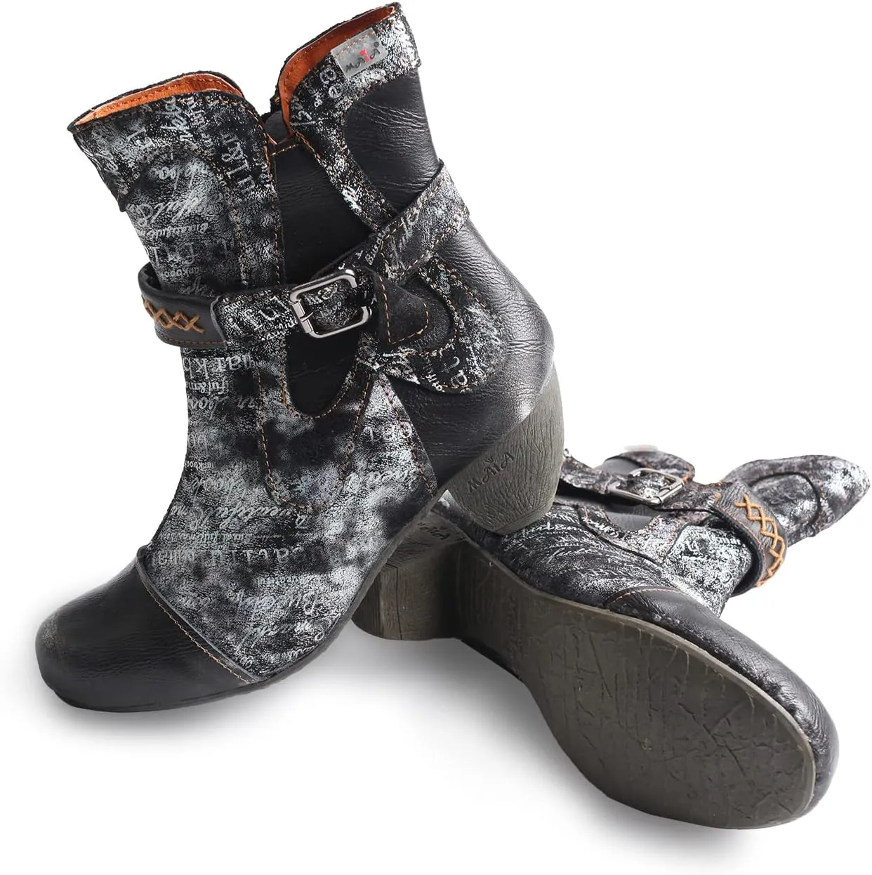 TMA EYES Printed Leather Patchwork Hand Stitched Buckle Zipper Women's Boots