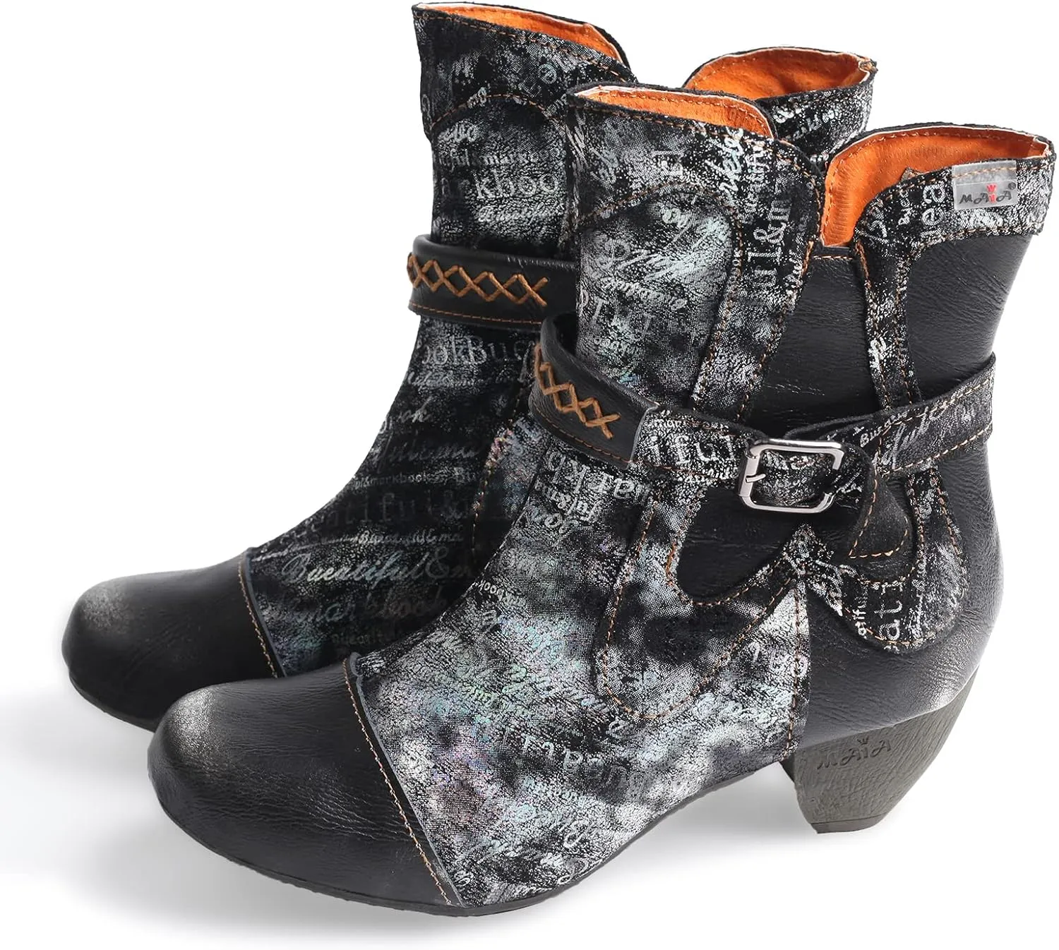 TMA EYES Printed Leather Patchwork Hand Stitched Buckle Zipper Women's Boots