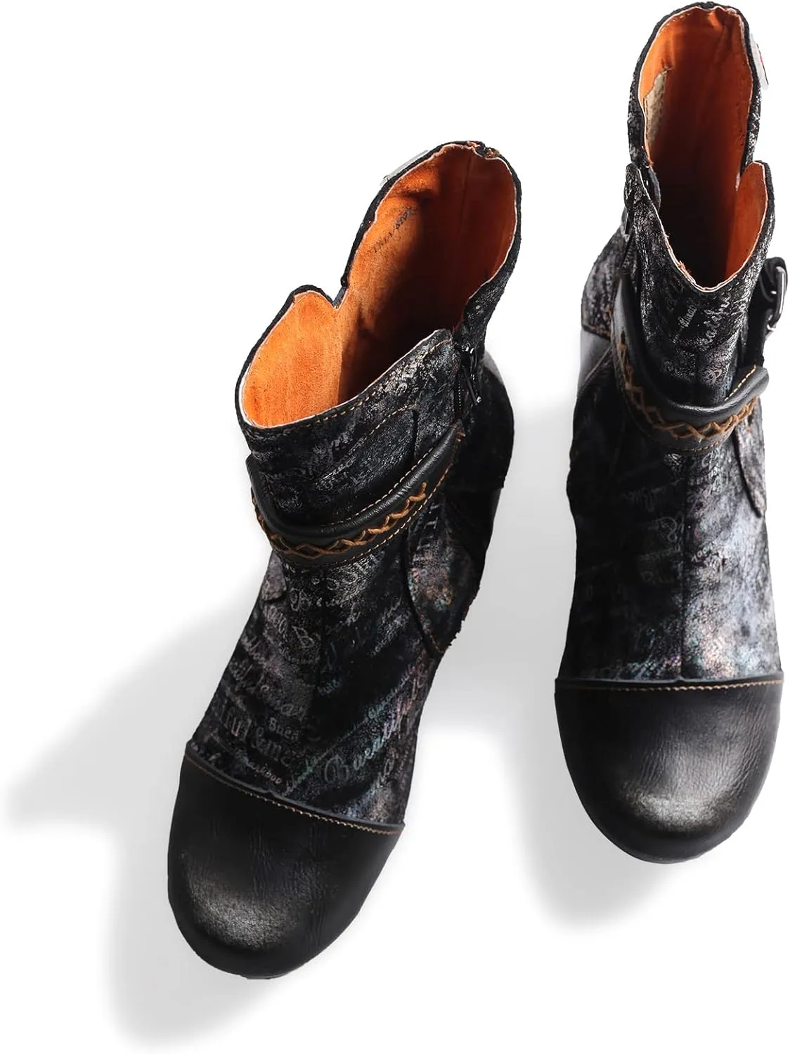 TMA EYES Printed Leather Patchwork Hand Stitched Buckle Zipper Women's Boots
