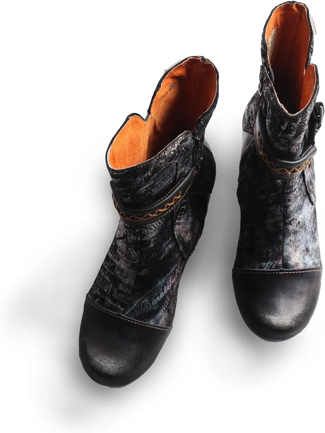 TMA EYES Printed Leather Patchwork Hand Stitched Buckle Zipper Women's Boots