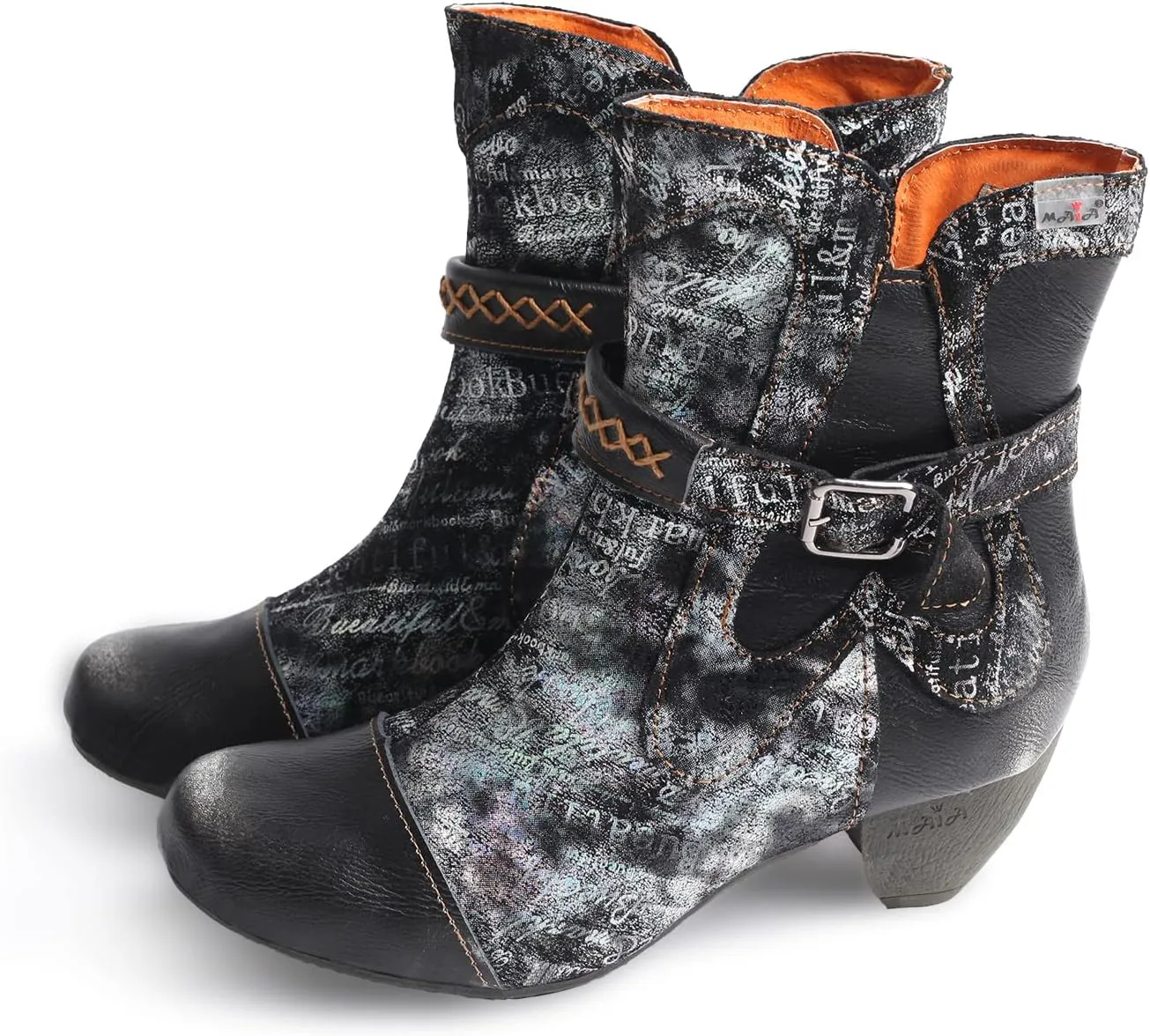 TMA EYES Printed Leather Patchwork Hand Stitched Buckle Zipper Women's Boots