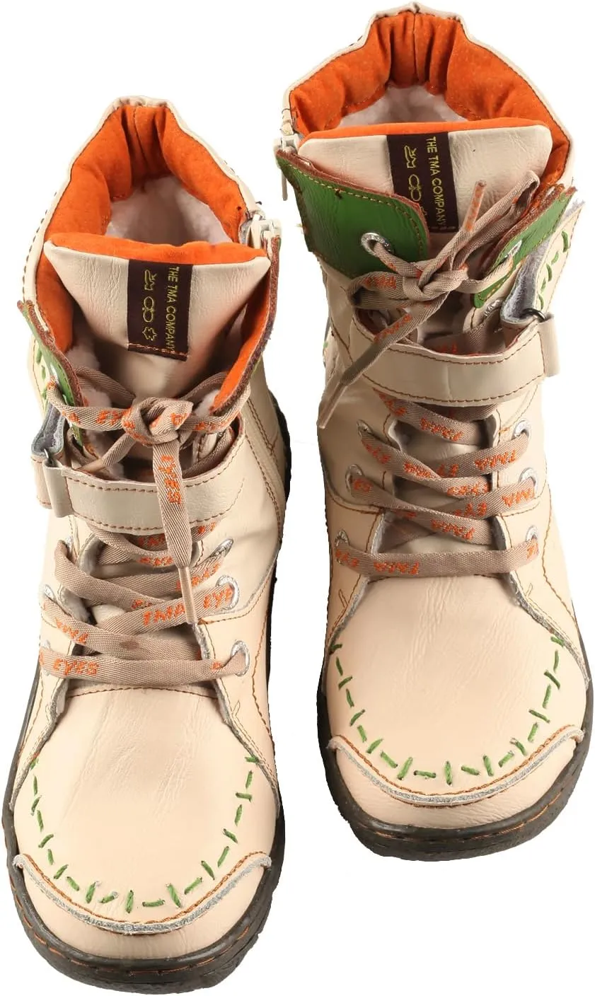TMA EYES Women's lace-up leather casual ankle boots fashion non-slip and patchwork with handstitching upper Boots