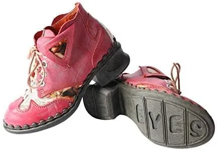 TMA EYES Women's leather printed patchwork ankle boots lace-up fashion shoes