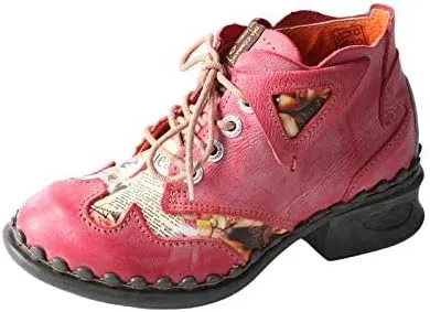 TMA EYES Women's leather printed patchwork ankle boots lace-up fashion shoes