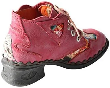 TMA EYES Women's leather printed patchwork ankle boots lace-up fashion shoes