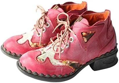 TMA EYES Women's leather printed patchwork ankle boots lace-up fashion shoes