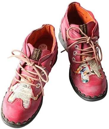 TMA EYES Women's leather printed patchwork ankle boots lace-up fashion shoes