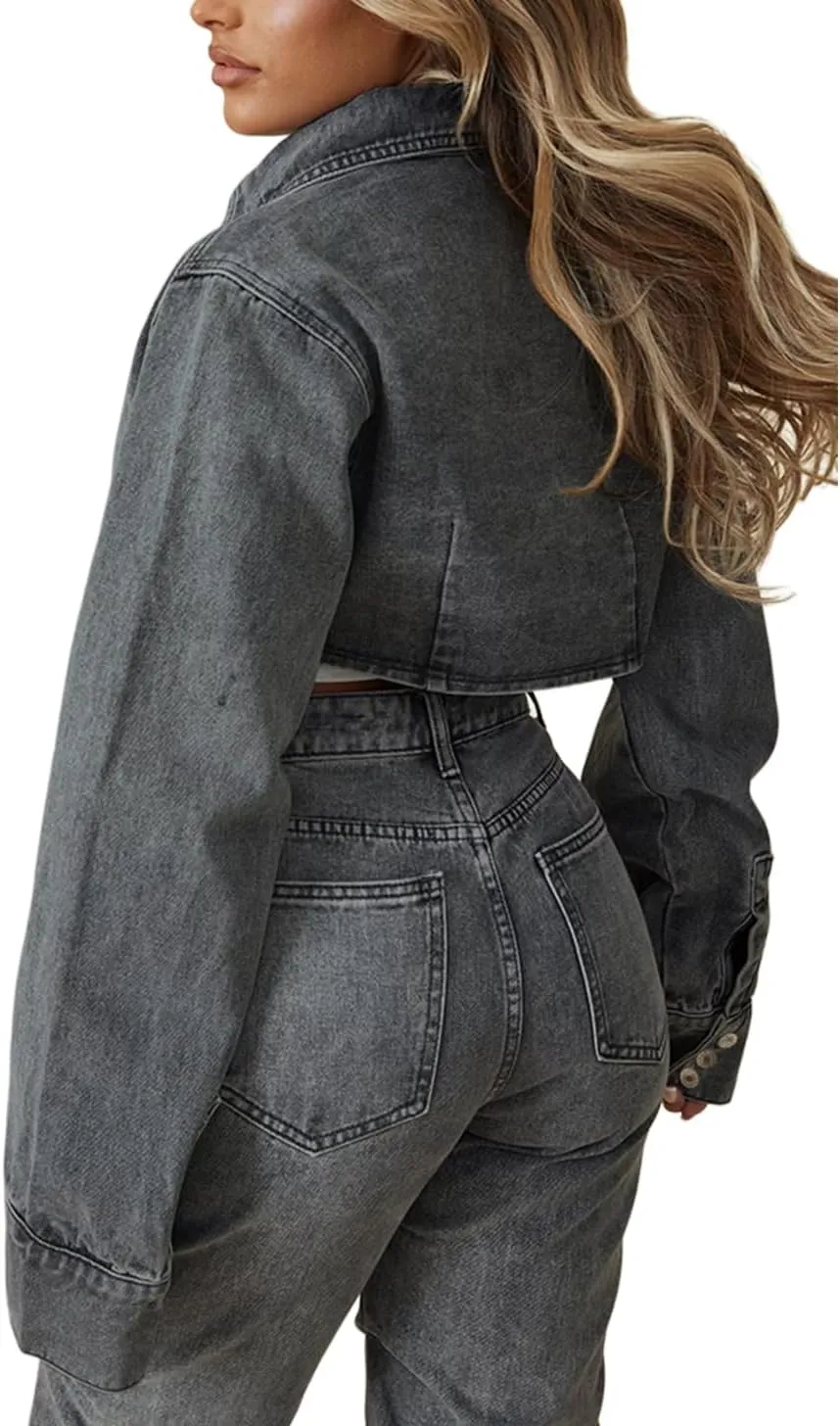 TodTan Women's Cropped Jean Denim Jackets - Distressed Frayed Hem Button Down Long Sleeve Casual Jacket Coat
