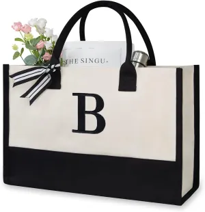 TOPDesign Embroidery Initial Canvas Tote Bag, Personalized Present Bag, Suitable for Wedding, Birthday, Beach, Holiday, is a Great Gift for Women, Mom, Teachers, Friends, Bridesmaids (Letter B)