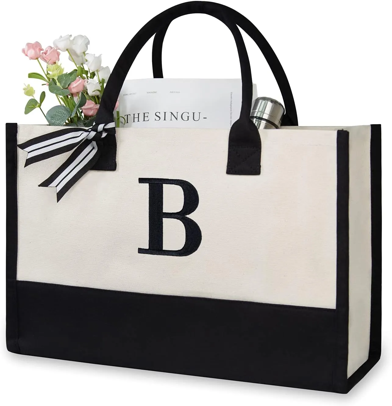 TOPDesign Embroidery Initial Canvas Tote Bag, Personalized Present Bag, Suitable for Wedding, Birthday, Beach, Holiday, is a Great Gift for Women, Mom, Teachers, Friends, Bridesmaids (Letter B)