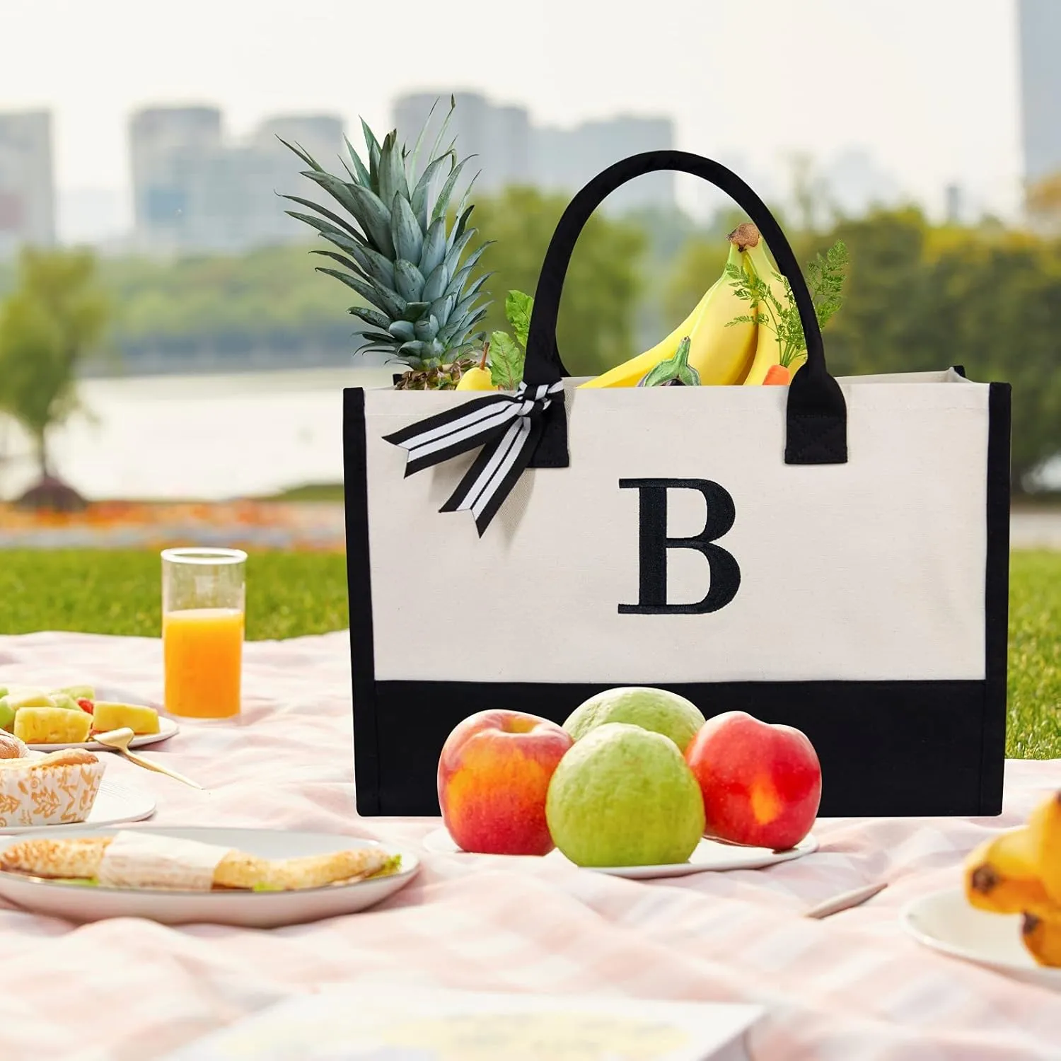 TOPDesign Embroidery Initial Canvas Tote Bag, Personalized Present Bag, Suitable for Wedding, Birthday, Beach, Holiday, is a Great Gift for Women, Mom, Teachers, Friends, Bridesmaids (Letter B)