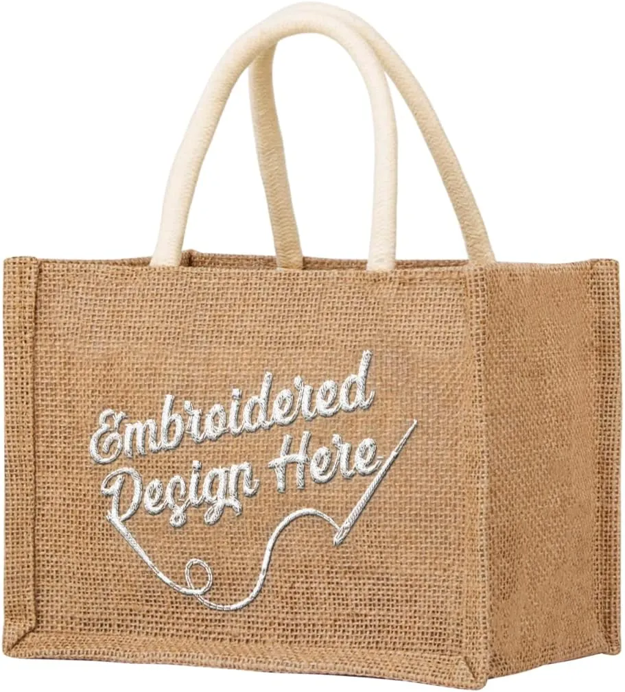 TOPTIE Custom Embroidery Burlap Tote bag with Name/Logo/Text, Design Your Jute Beach Bag Reusable Grocery Bags