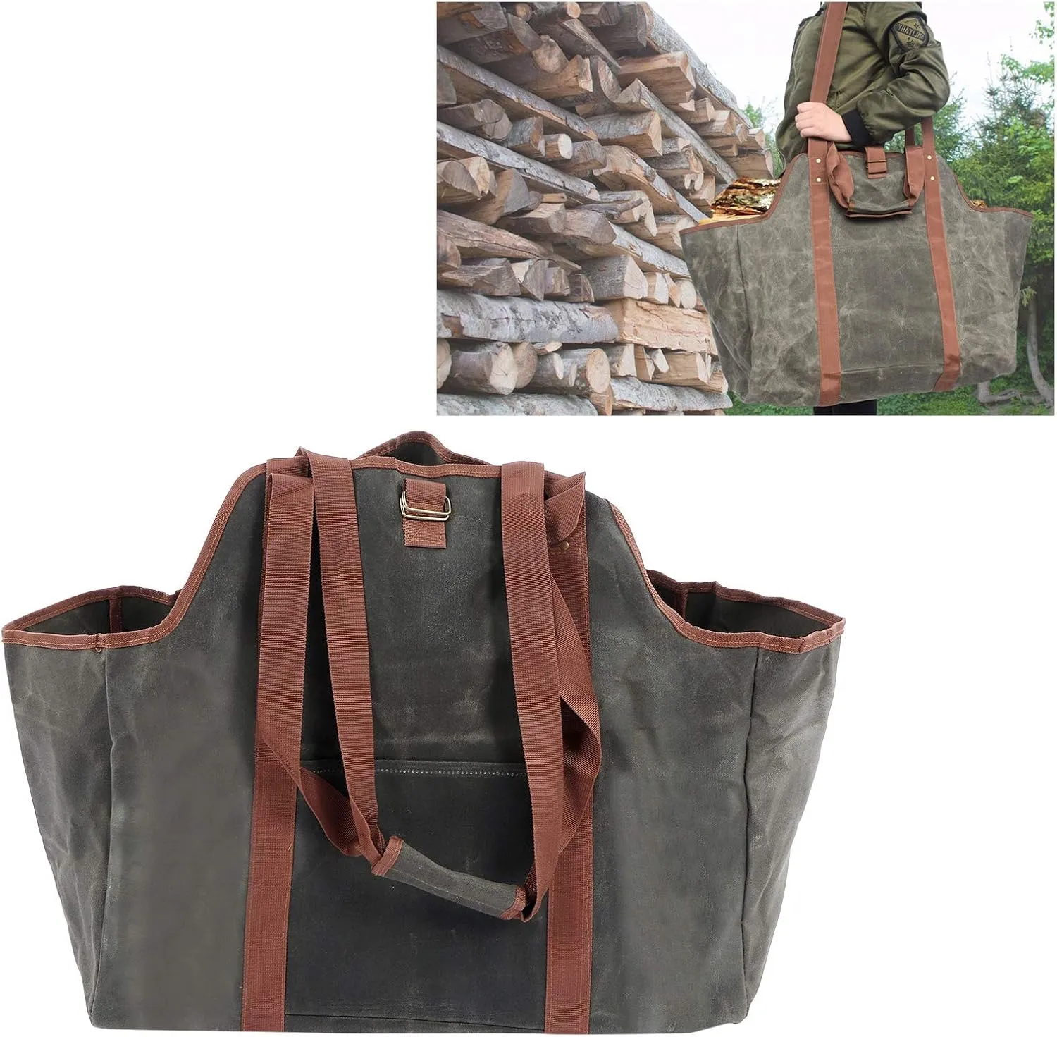 Topyond Waxed Canvas Log Carrier Tote Bag with Padded Handles and Shoulder Strap,Large Capacity for Fireplaces,Wood Stoves,Convenient Side Pockets Easy to Clean