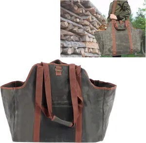 Topyond Waxed Canvas Log Carrier Tote Bag with Padded Handles and Shoulder Strap,Large Capacity for Fireplaces,Wood Stoves,Convenient Side Pockets Easy to Clean