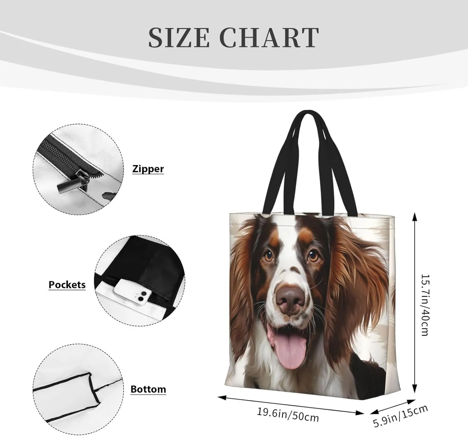 Tote Bag for Women Cute springer spaniel Shoulder Bag with Zipper Handbag Large Capacity Reusable Grocery Bag