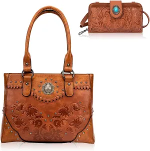 Tote Bag for Women Large Top Handle Purse Shoulder Bag with Small Crossbody bags Wallets Vintage Western Embossed