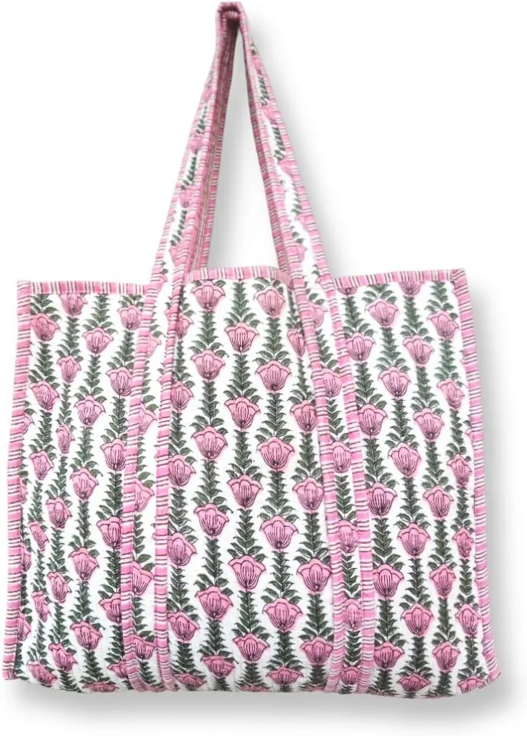 Tote Bag For Women, Shoulder Purse with Inner Pocket, Quilted Cotton Handprinted Reversible Large Multicolor Tote Bag
