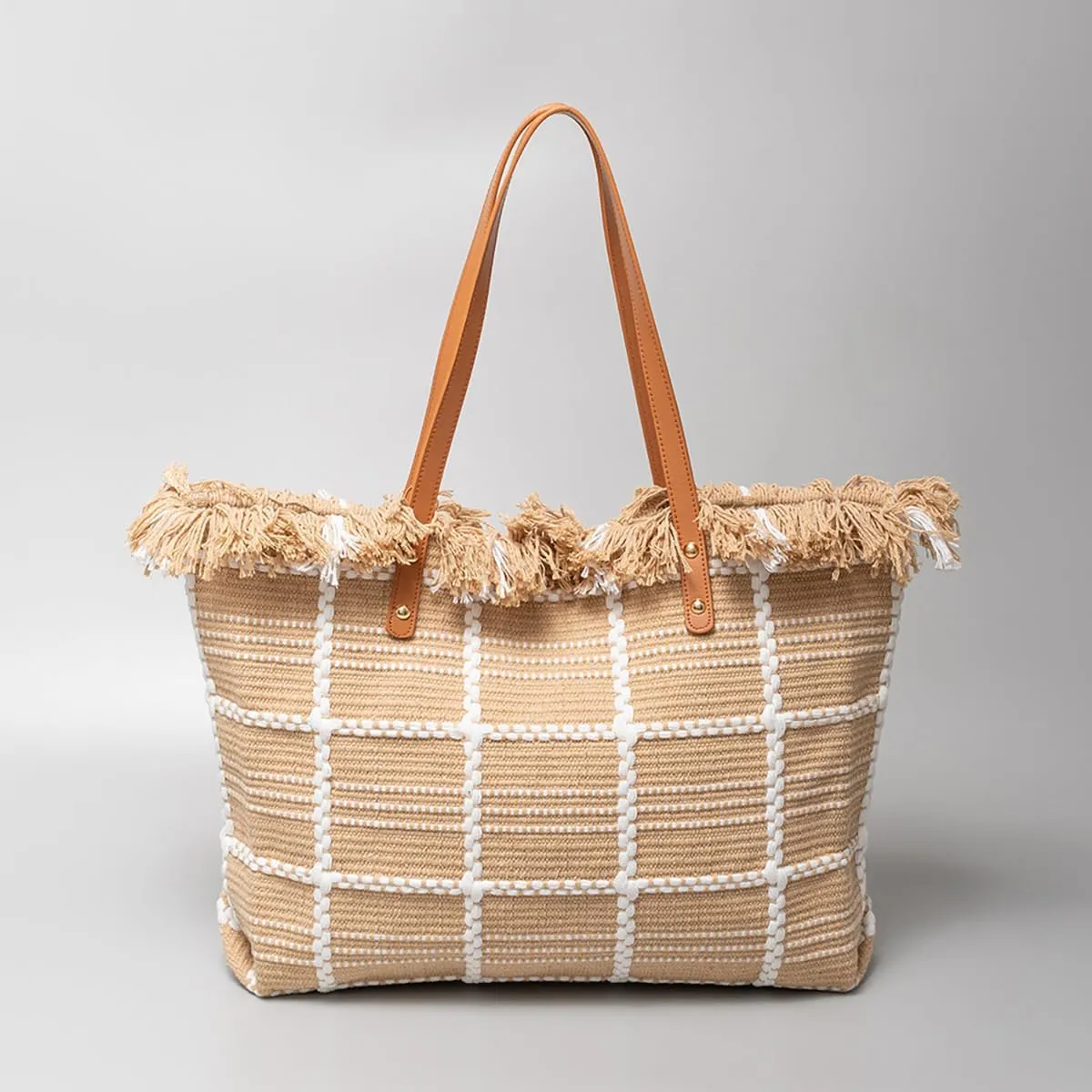 Tote bag, large capacity canvas, women's shoulder bag, beach bag, tassel embroidery, niche design, women's bag (Checkered pattern)
