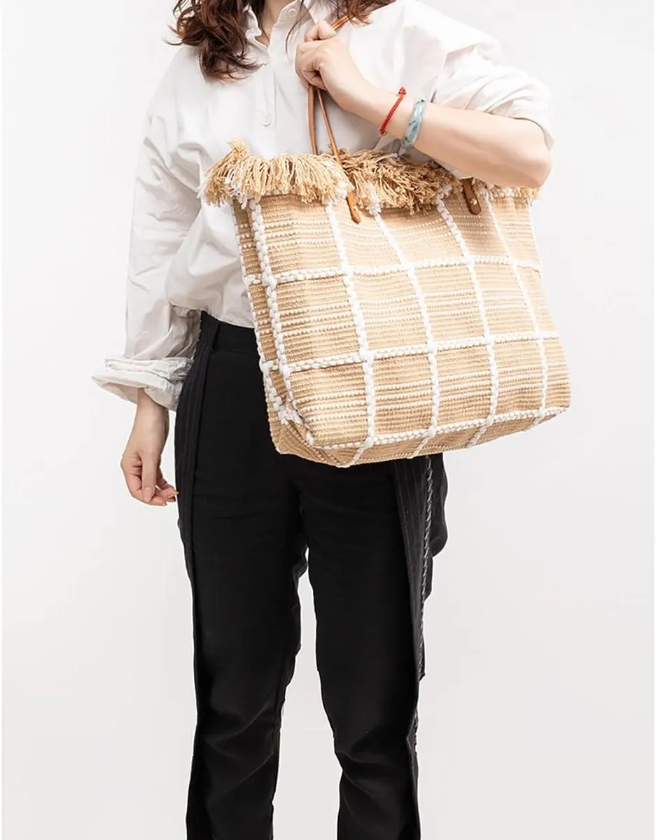 Tote bag, large capacity canvas, women's shoulder bag, beach bag, tassel embroidery, niche design, women's bag (Checkered pattern)