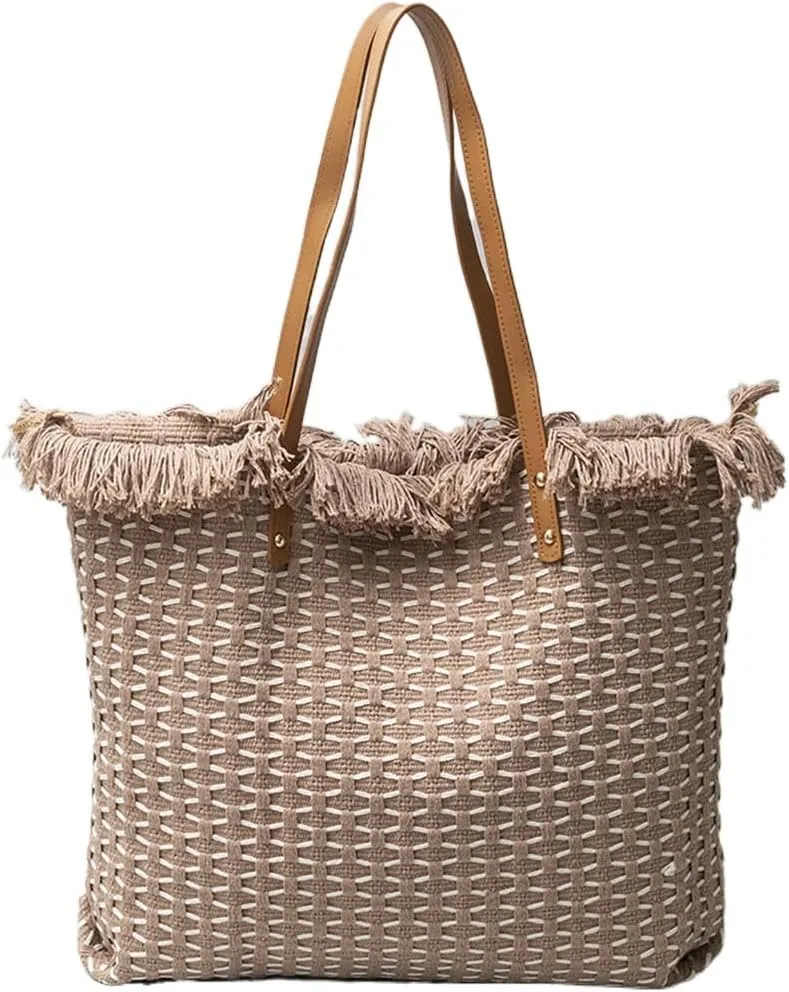 Tote bag, large capacity canvas, women's shoulder bag, beach bag, tassel embroidery, niche design, women's bag (Coffee)