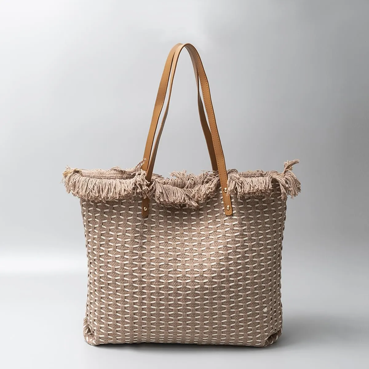 Tote bag, large capacity canvas, women's shoulder bag, beach bag, tassel embroidery, niche design, women's bag (Coffee)
