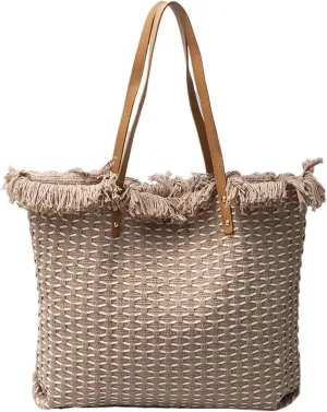 Tote bag, large capacity canvas, women's shoulder bag, beach bag, tassel embroidery, niche design, women's bag (Coffee)