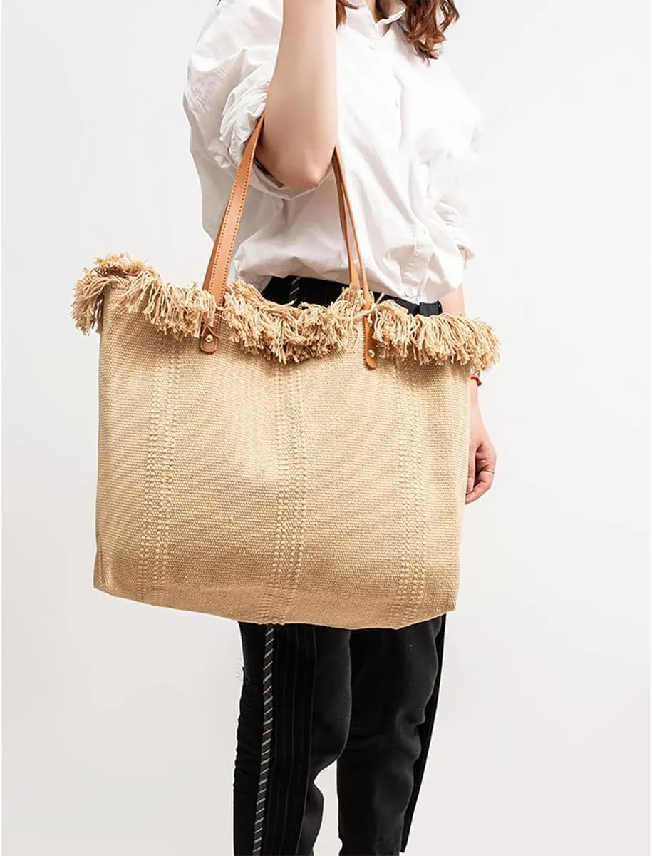 Tote bag, large capacity canvas, women's shoulder bag, beach bag, tassel embroidery, niche design, women's bag (Coffee)