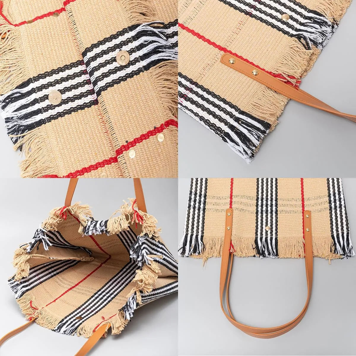 Tote bag, large capacity canvas, women's shoulder bag, beach bag, tassel embroidery, niche design, women's bag (Coffee)