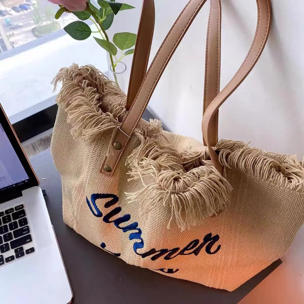 Tote bag, large capacity canvas, women's shoulder bag, beach bag, tassel embroidery, niche design, women's bag (green)