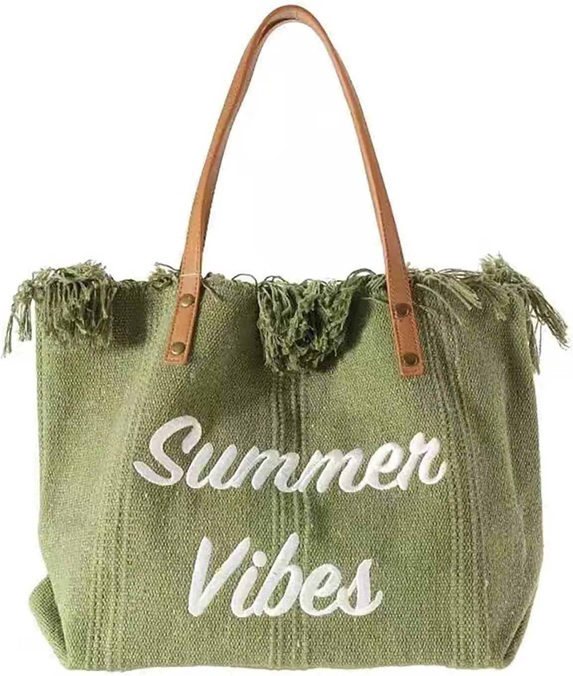 Tote bag, large capacity canvas, women's shoulder bag, beach bag, tassel embroidery, niche design, women's bag (green)