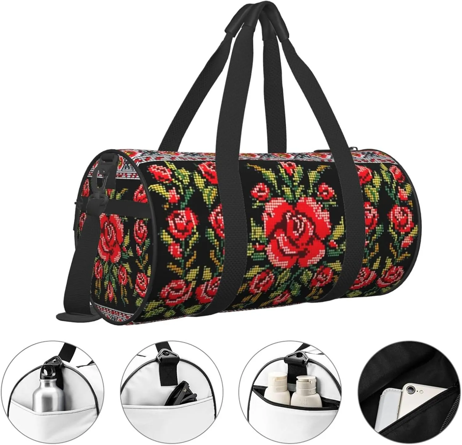 Travel Bag For Women,Ukrainian Embroidery Style Rose Print Personal Item Duffle Bags,Weekend Travel Duffel Tote Bag,Travel Sport Gym Bag For Men,Airplane Travel Essentials For Flying