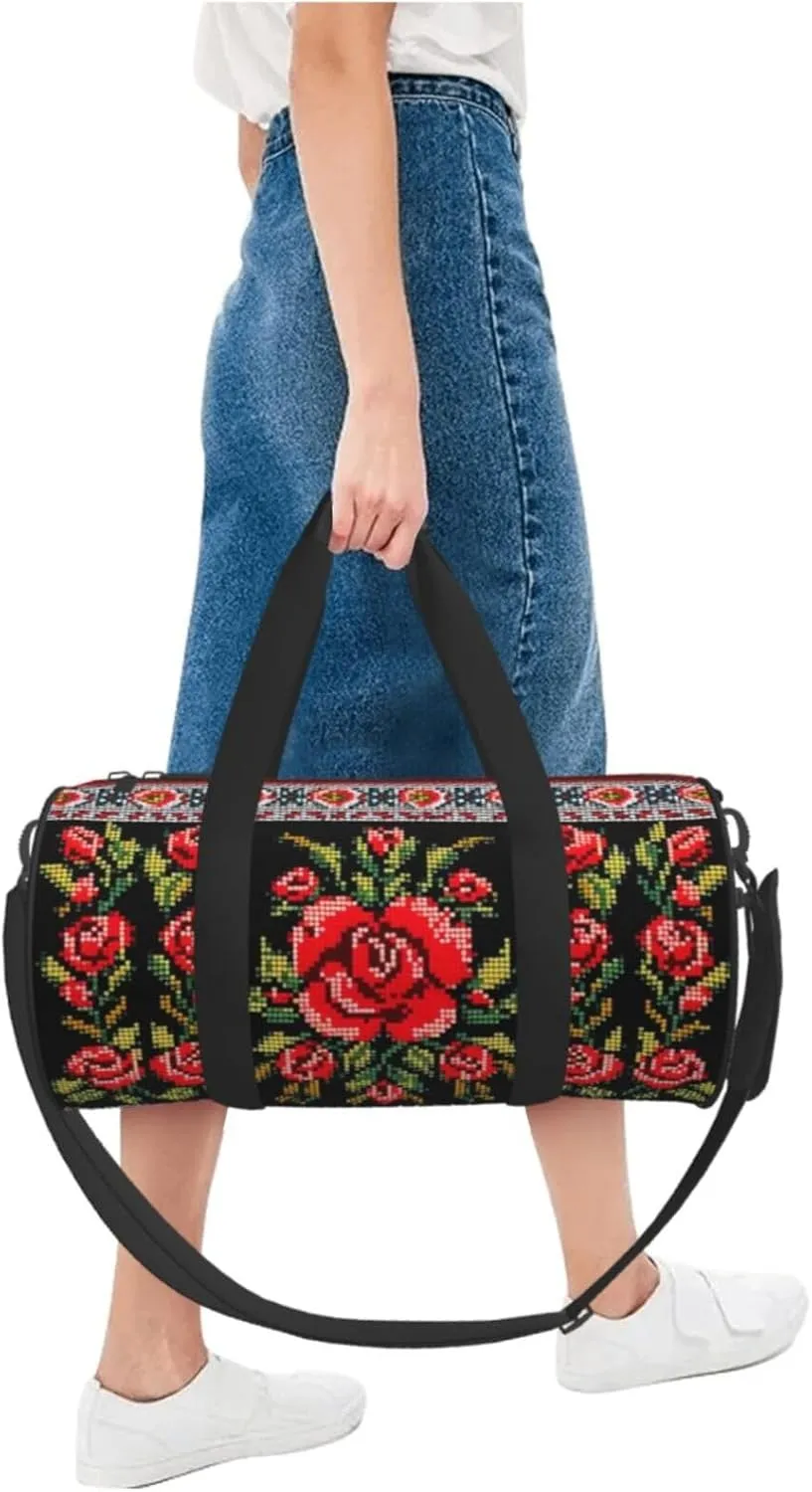 Travel Bag For Women,Ukrainian Embroidery Style Rose Print Personal Item Duffle Bags,Weekend Travel Duffel Tote Bag,Travel Sport Gym Bag For Men,Airplane Travel Essentials For Flying