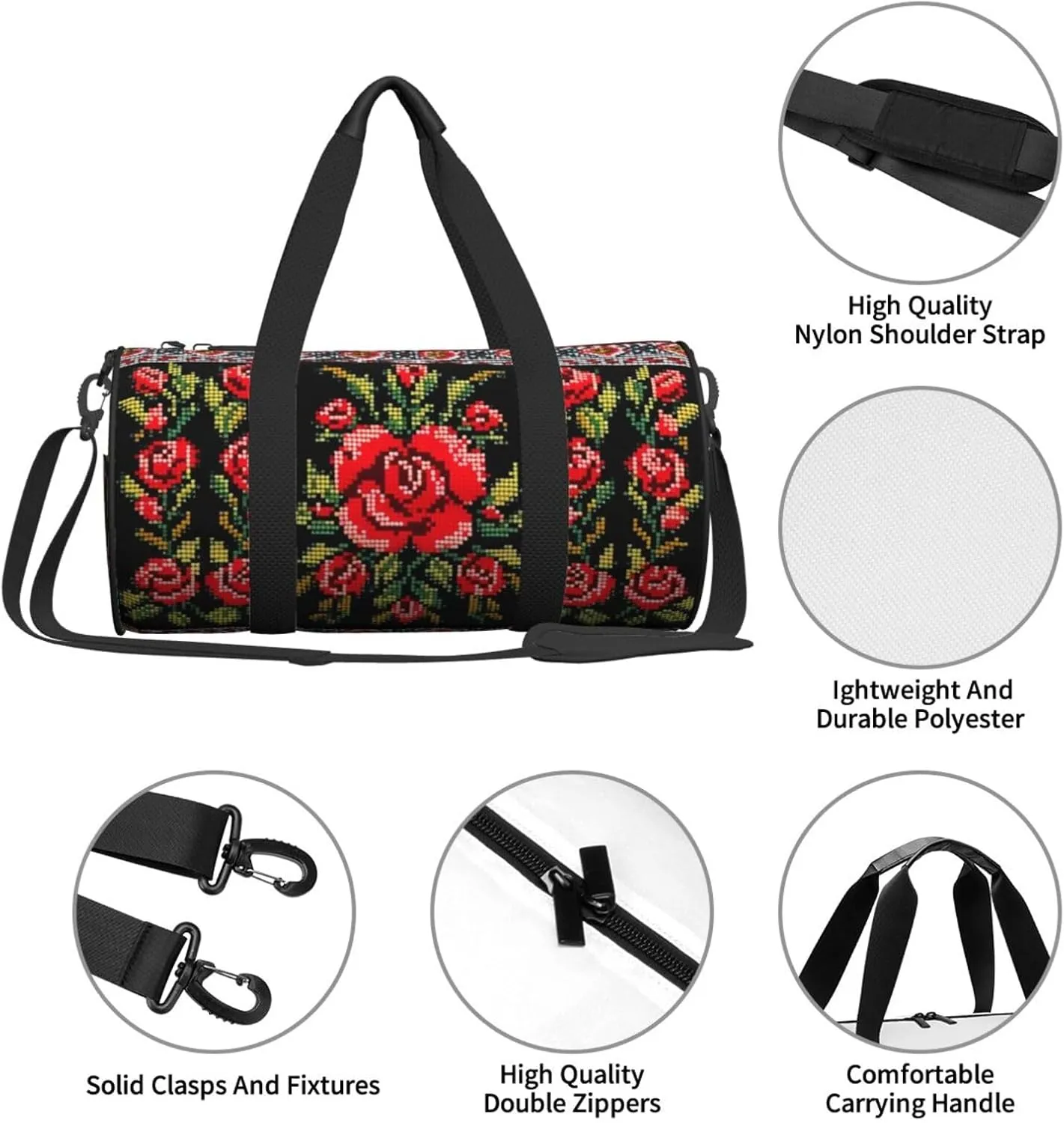 Travel Bag For Women,Ukrainian Embroidery Style Rose Print Personal Item Duffle Bags,Weekend Travel Duffel Tote Bag,Travel Sport Gym Bag For Men,Airplane Travel Essentials For Flying