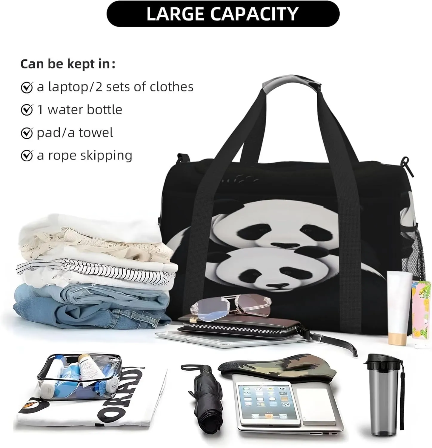 Travel Duffel Bag For Men Women, Cute Animal Panda Bear Carry On Sport Gym Bag With Shoulder Strap Lightweight Waterproof Weekender Bag Overnight Bag